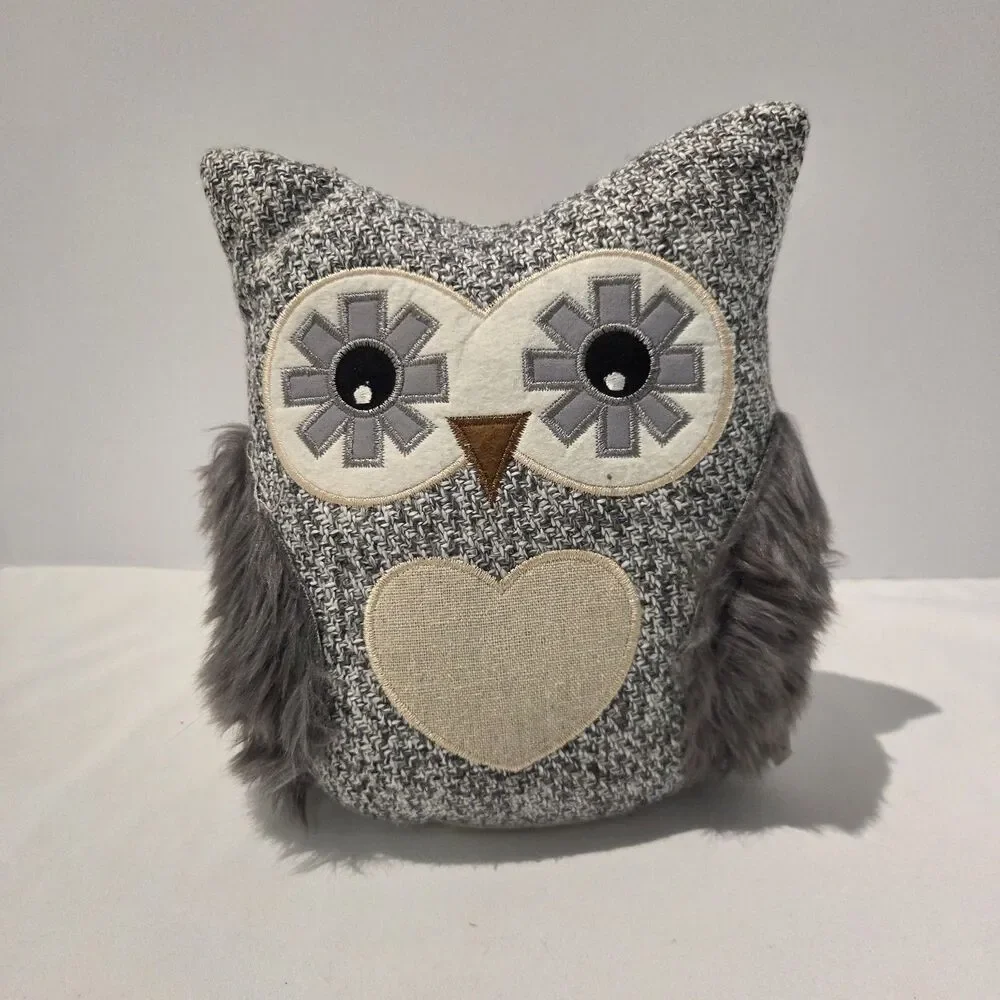 Owl Door Stopper Weighted Stuffed Gray Fluffy Fur Heart NWT